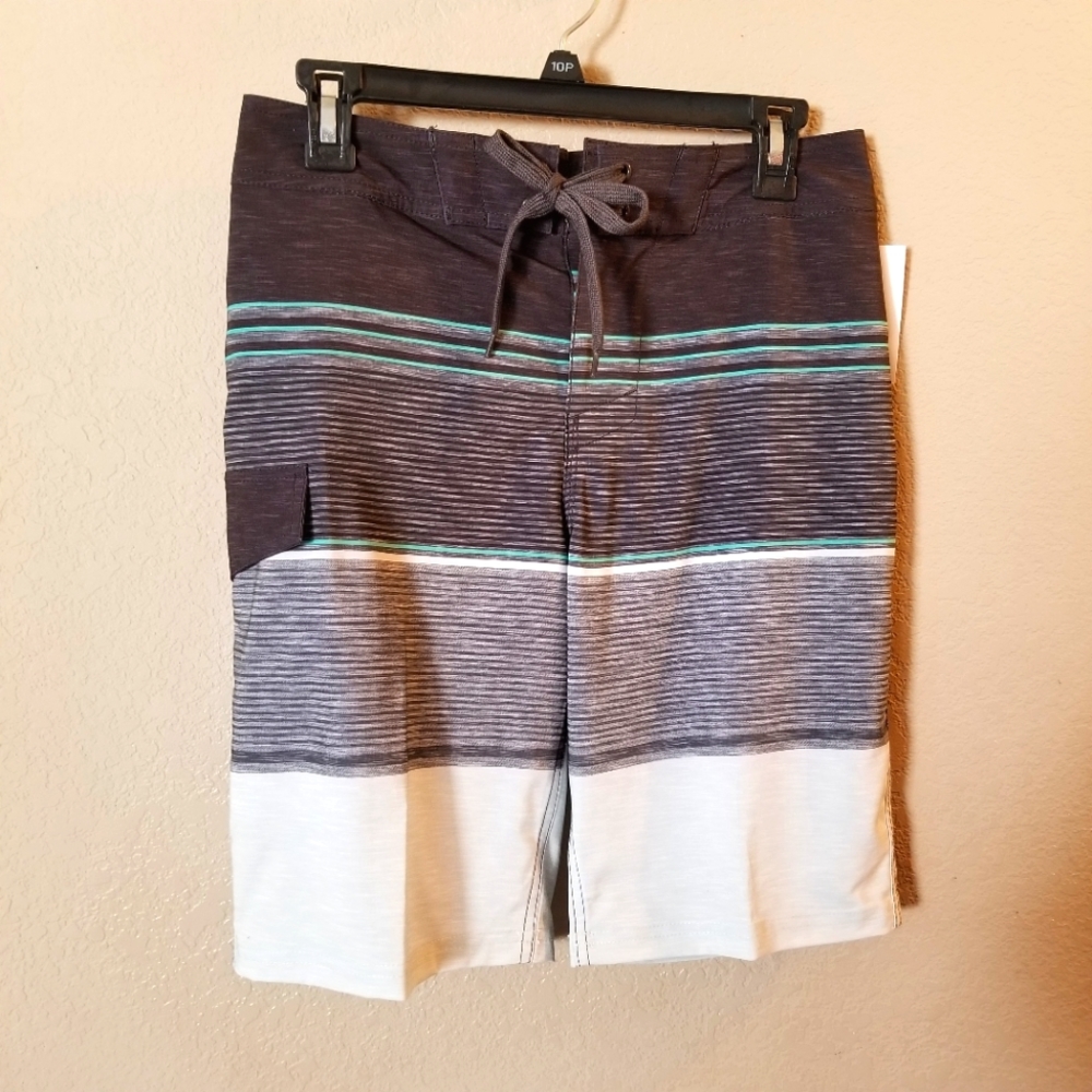 Sonoma New Mens Dark Charcoal Gray/Light Gray/ Green Striped Swim Trunks Size 28